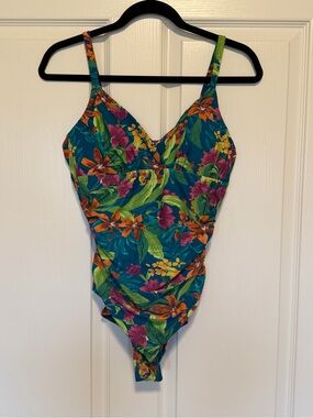Kona Sol Teal Swimsuit with Orange, Pink & Green Floral Print